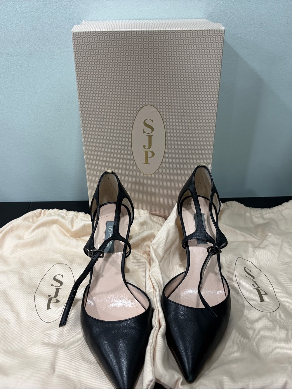 SJP by Sarah Jessica Parker Black Pointed-Toe T-Strap Stiletto Pumps